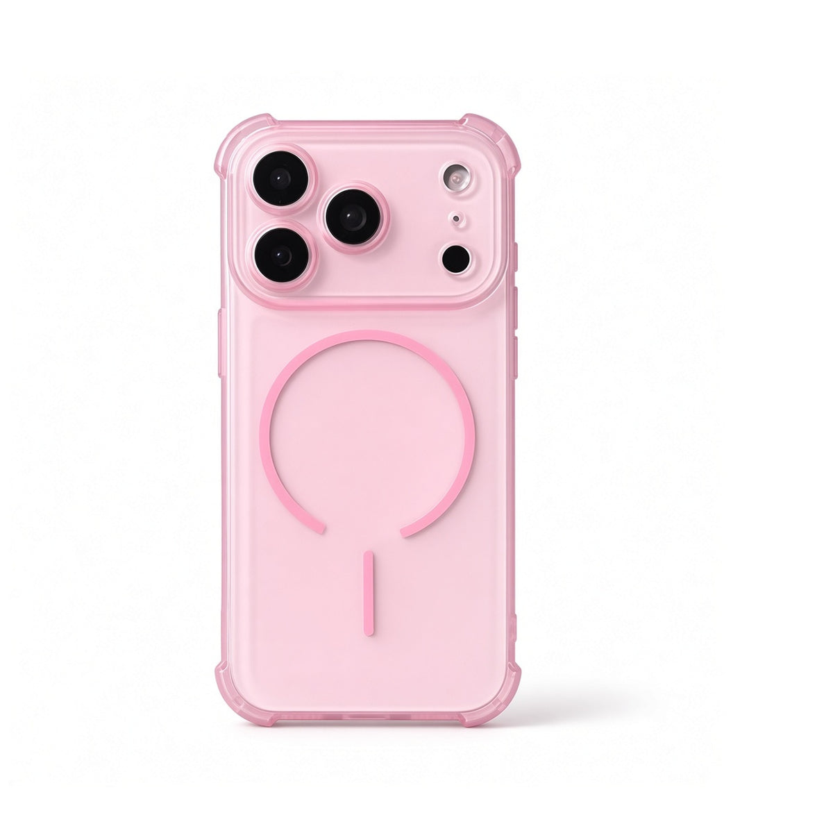 Pink reinforced corner protective case for iPhone 17, on white background