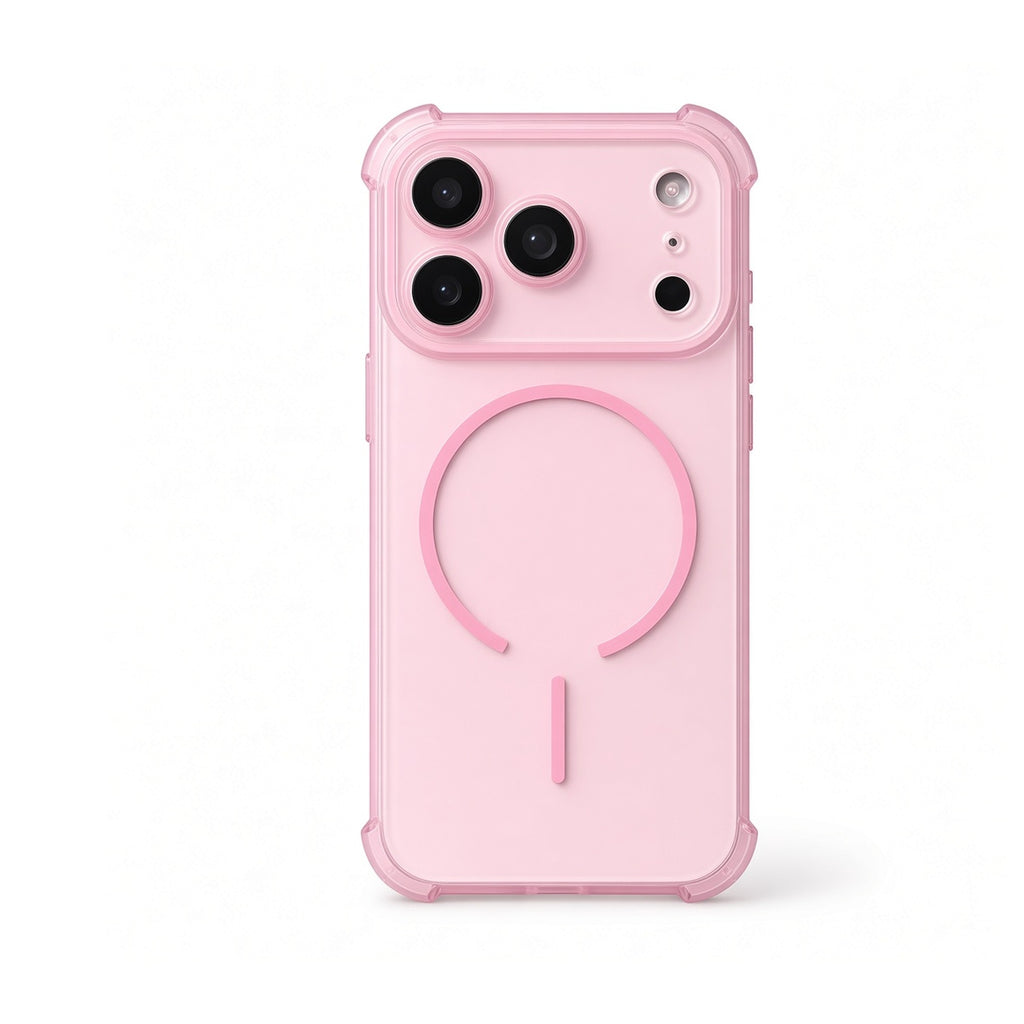 Pink reinforced corner protective case for iPhone 18 Pro, on white background